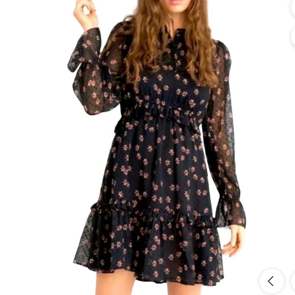 & Other Stories Ruffled Long Sleeve Black/Red Floral Mini Dress Size 2 EUC - Picture 1 of 10